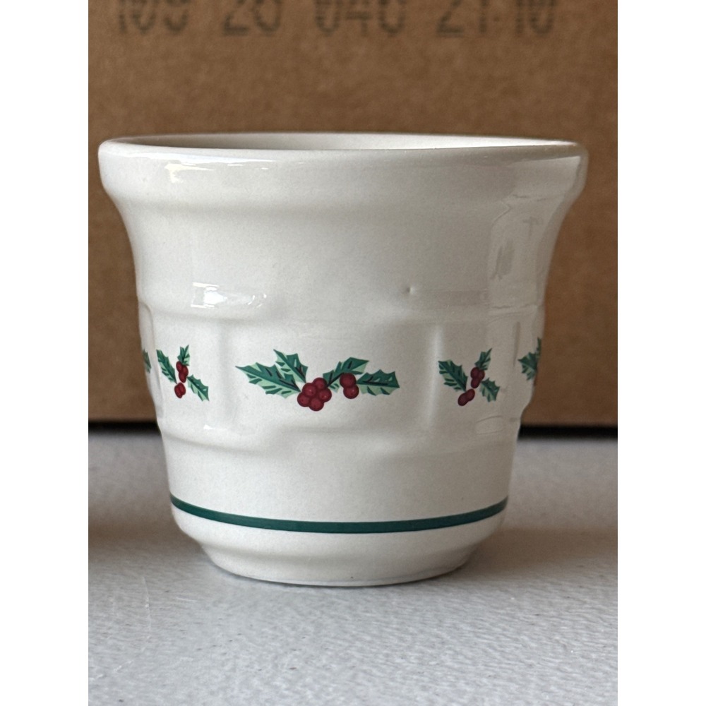 Longaberger Pottery Christmas Holly Votive Candle Holder Ivory Green Made in USA